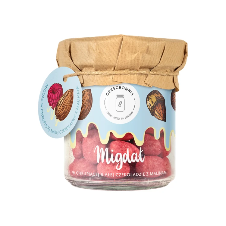 Orzechownia | Migdał w chrupiącej białej czekoladzie z malinami | 150 g-1.webp